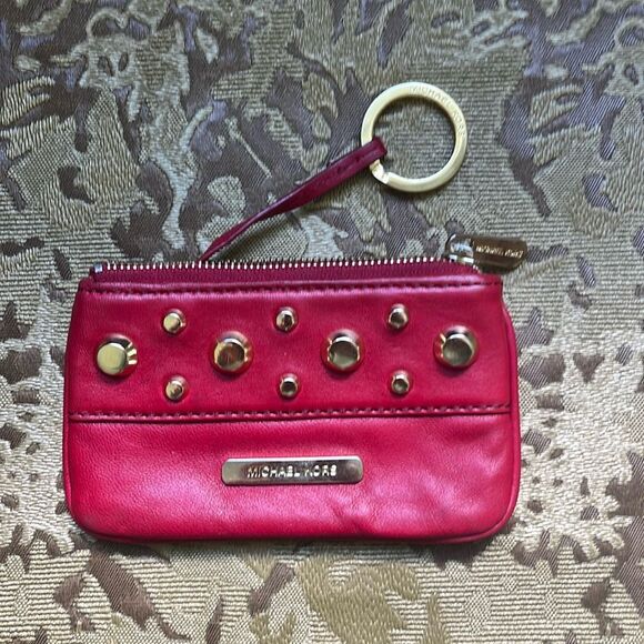 Michael Kors Red Leather Studded Mini Wallet with Keychain - Picture 1 of 11